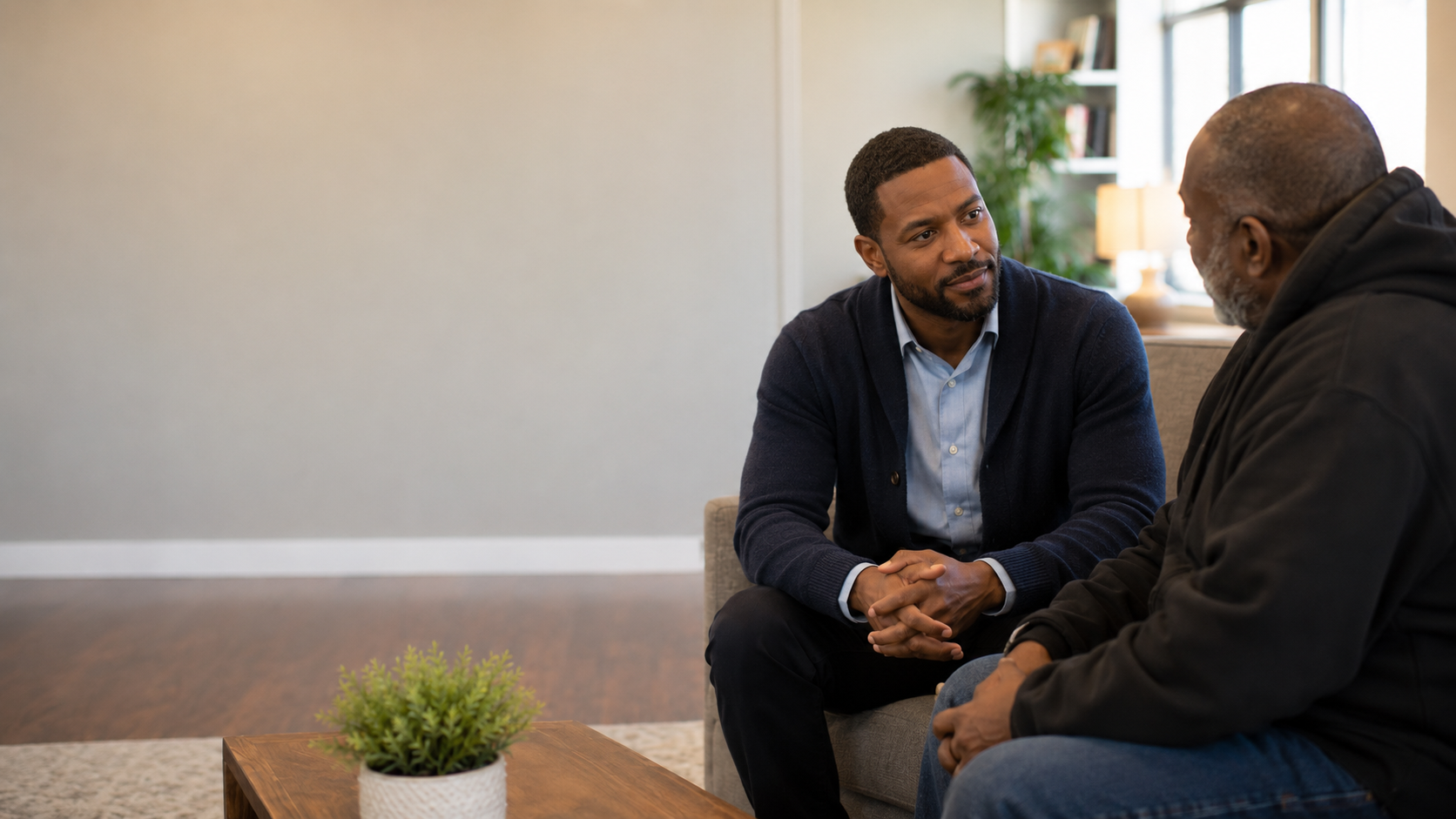 A peer recovery specialist having a supportive conversation with a patient